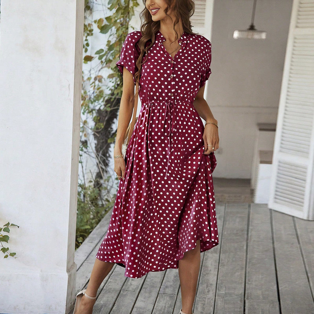 Damen Midikleid mit Punktemuster, Knöpfen und Bindegürtel