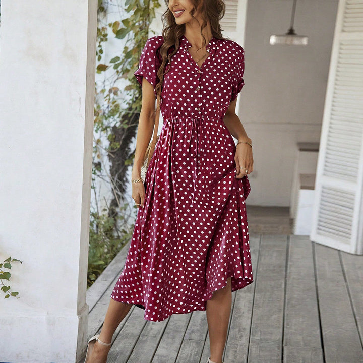 Damen Midikleid mit Punktemuster, Knöpfen und Bindegürtel