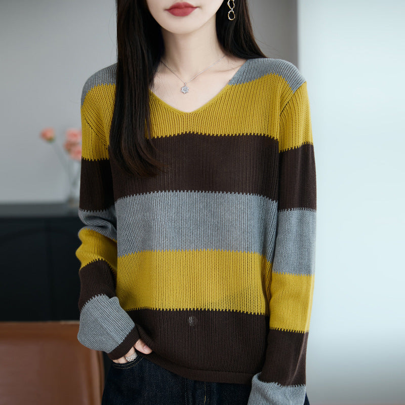 Damen Pullover mit Streifen und V-Ausschnitt