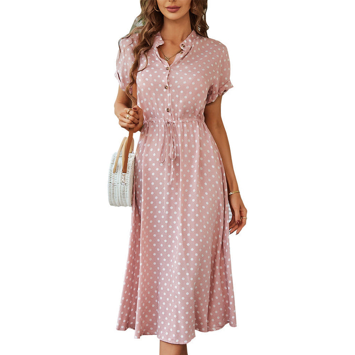 Damen Midikleid mit Punktemuster, Knöpfen und Bindegürtel