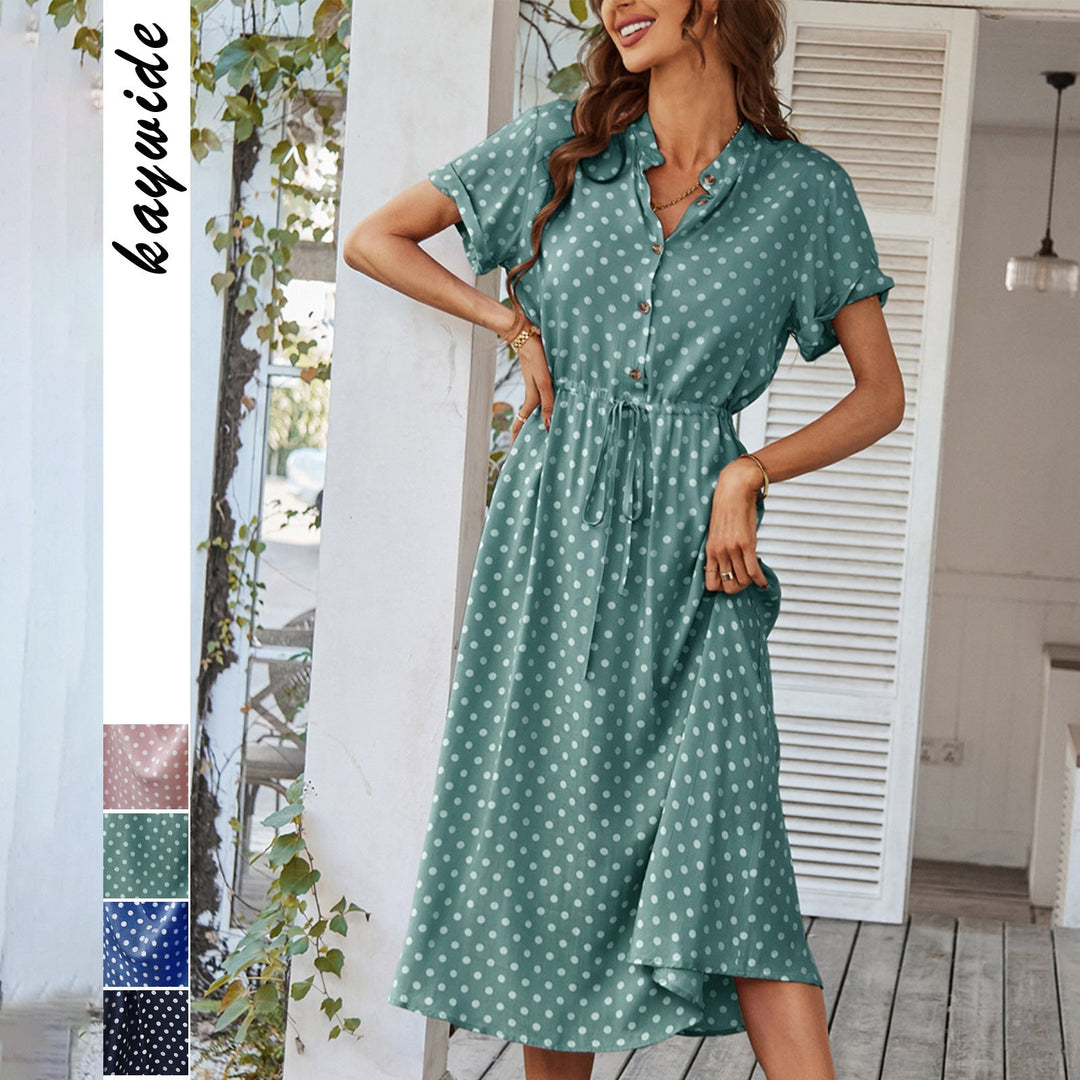 Damen Midikleid mit Punktemuster, Knöpfen und Bindegürtel