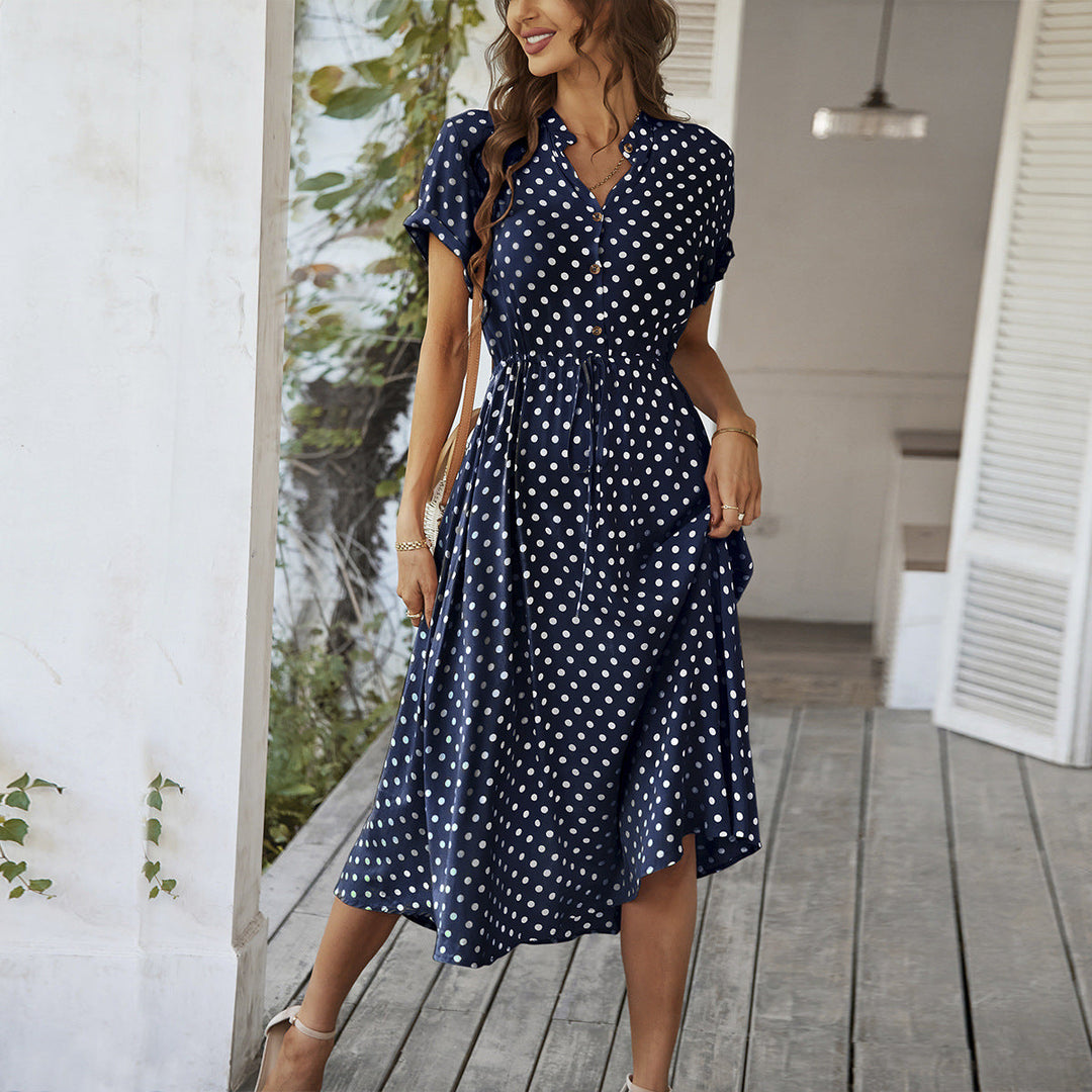Damen Midikleid mit Punktemuster, Knöpfen und Bindegürtel