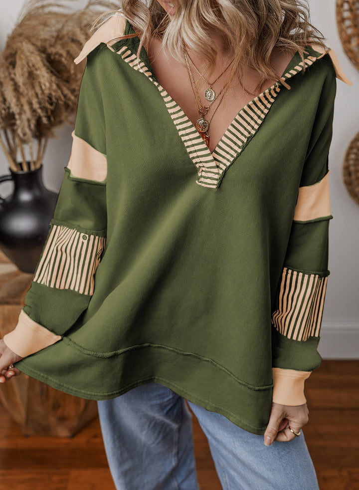Damen Pullover Oversized mit V-Ausschnitt und Streifen