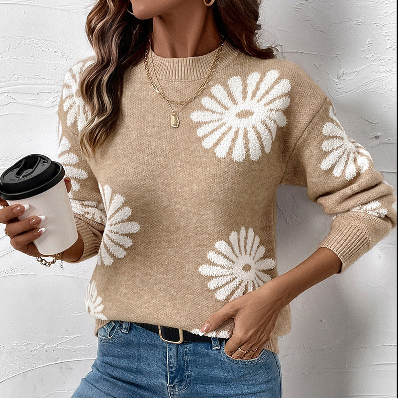 Mia | Damen Langarm-Rundhalspullover mit Blumenmuster