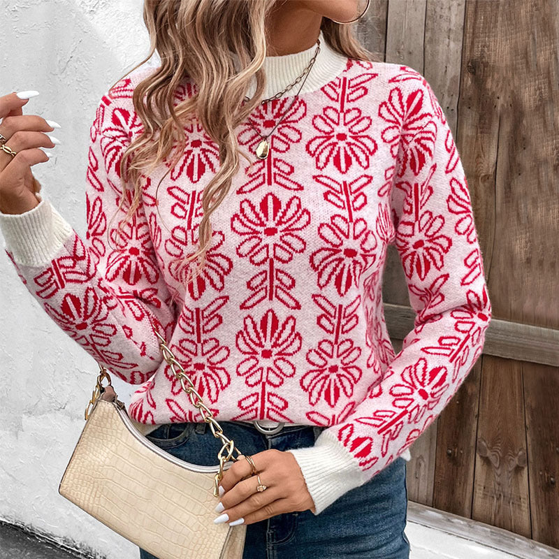 Damen Rundhalspullover mit Blumenmuster und gerippten Bündchen