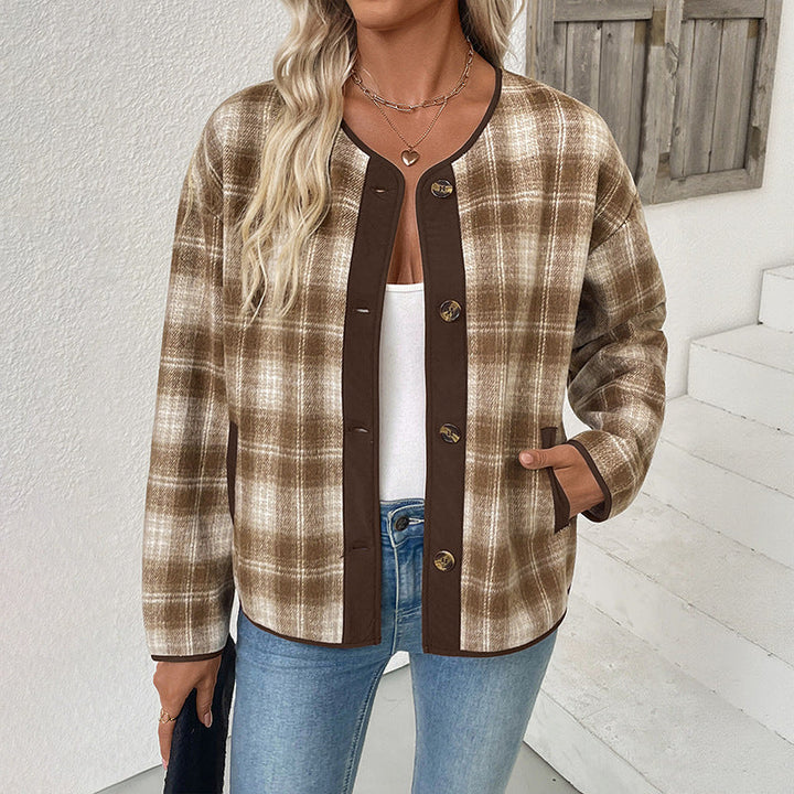 Damen Übergangsjacke mit Rundhalsausschnitt, Taschen und Karomuster