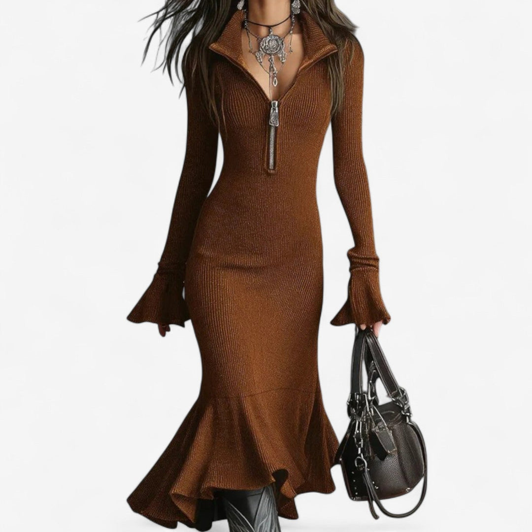 Maud Maxikleid für Damen mit Reißverschlusskragen und langen Ärmeln