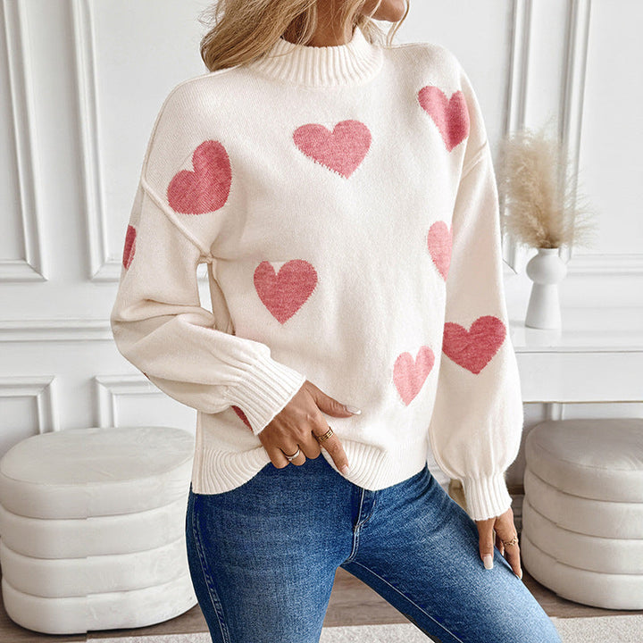 Damen Pullover mit Stehkragen und großen Herz-Intarsien
