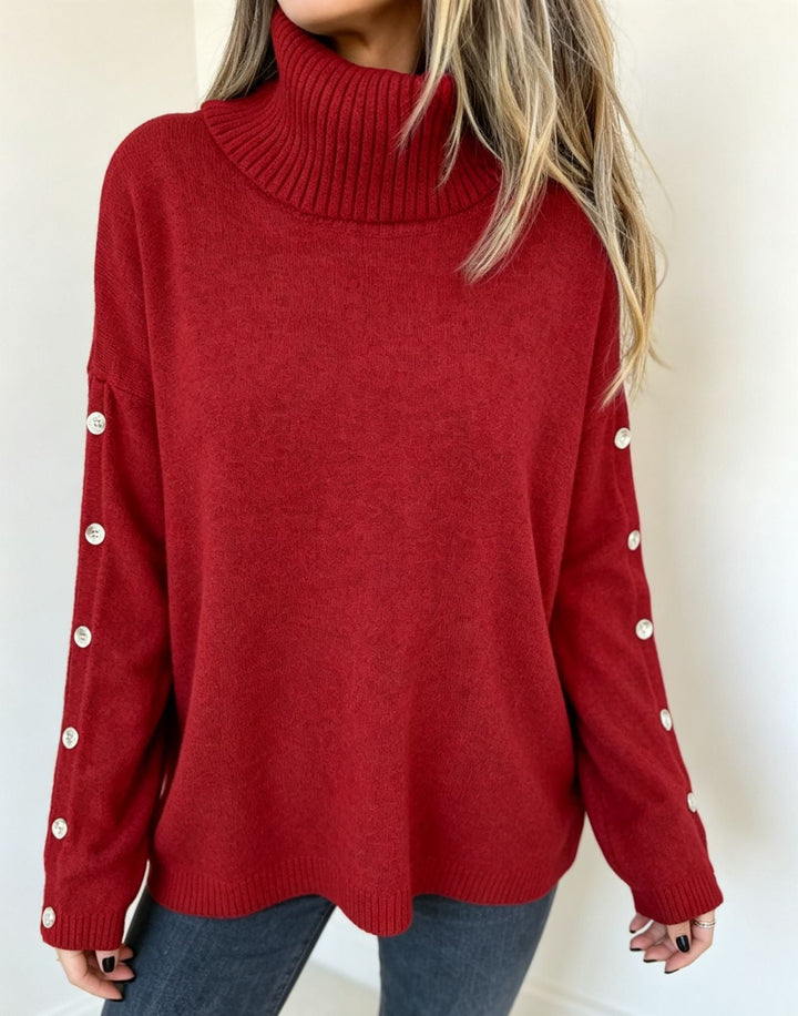 Lena | Damen Langarm-Rollkragenpullover Oversized mit Knöpfen