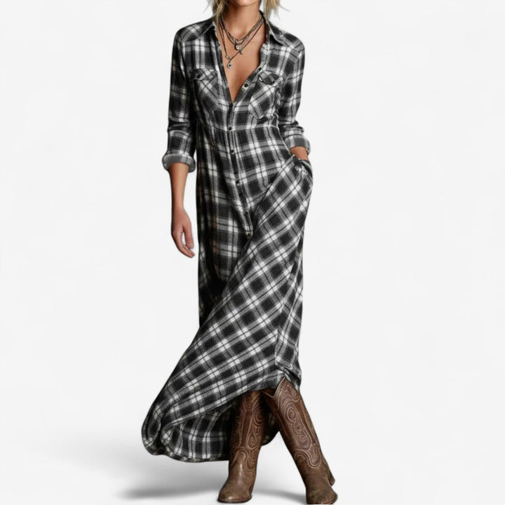 Cécile Maxi Chemise Zeitlos Kleid für Damen mit langen Ärmeln und Karomuster