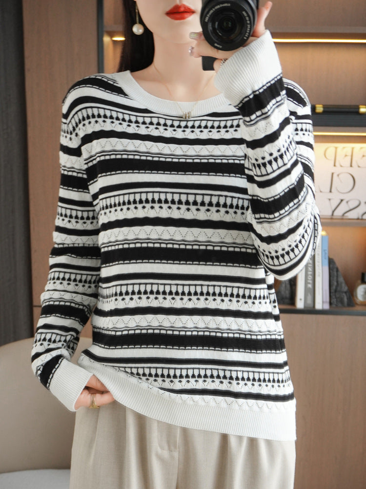 Damen Pullover mit Streifen und Rundhalsausschnitt