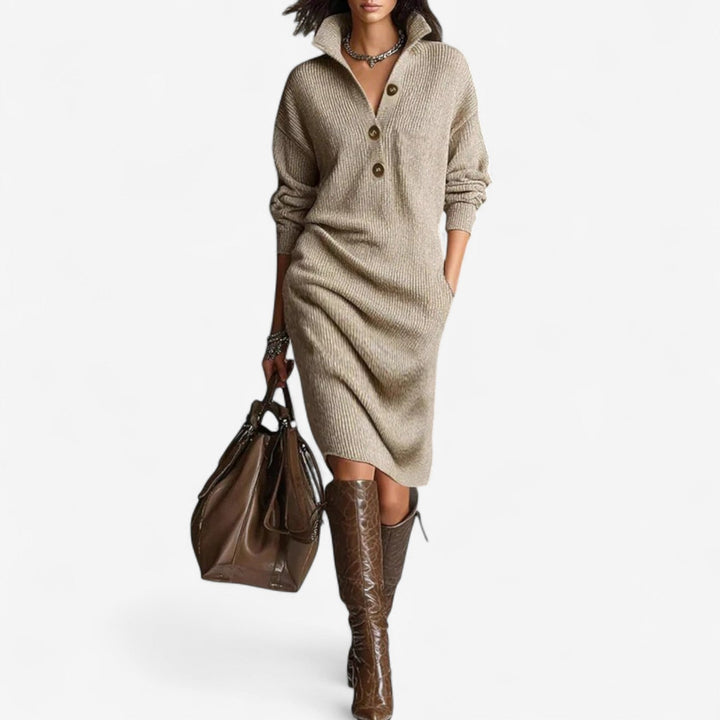 Suzy Lässiges Pulli-Midikleid für Damen mit V-Ausschnitt und langen Ärmeln