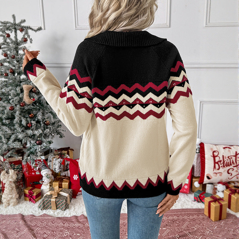 Damen Pullover mit langen Ärmeln, V-Ausschnitt und Zickzackmuster