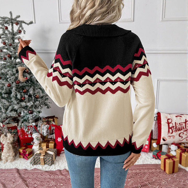 Damen Pullover mit langen Ärmeln, V-Ausschnitt und Zickzackmuster