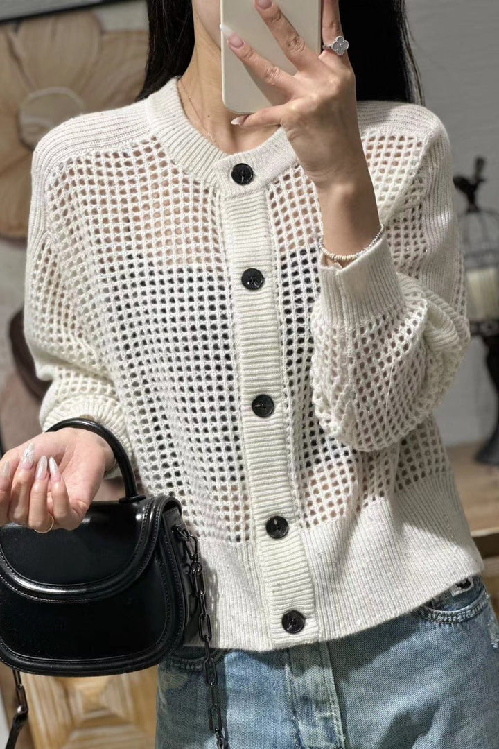 Damen Mesh-Cardigan mit Knopfleiste, Rundhalsausschnitt und langen Ärmeln