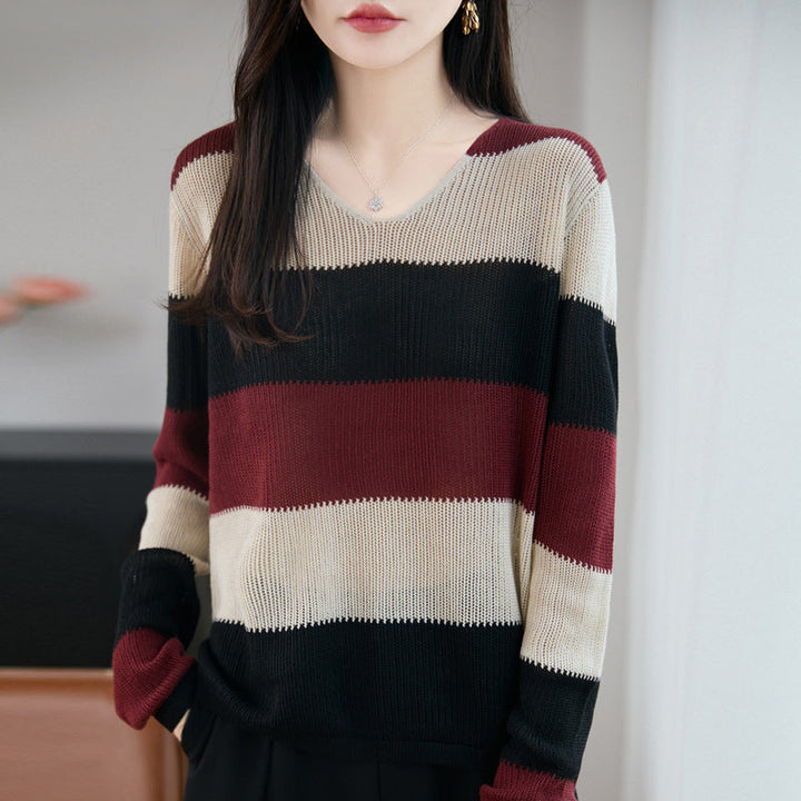 Damen Pullover mit Streifen und V-Ausschnitt