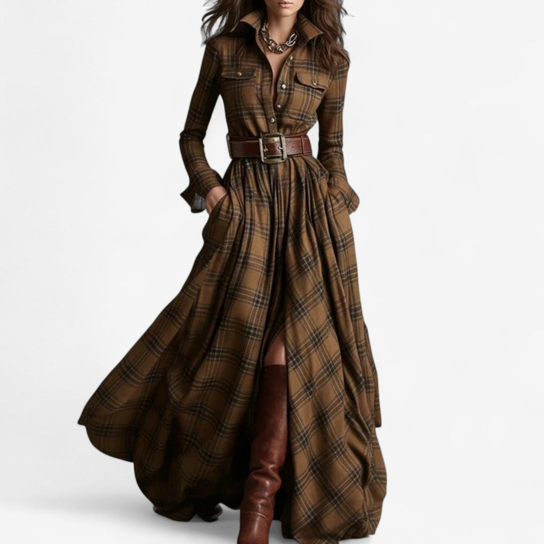 Barboteau Maxi im zeitlosen Karomuster Kleid für Damen mit langen Ärmeln