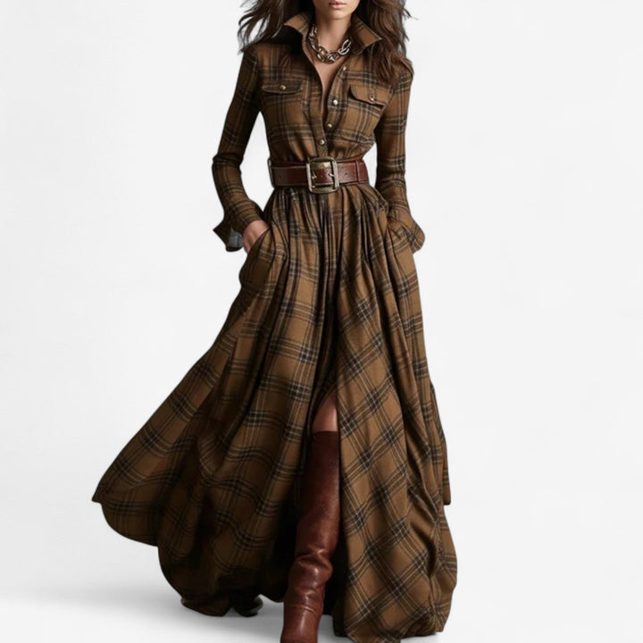 Barboteau Maxi im zeitlosen Karomuster Kleid für Damen mit langen Ärmeln