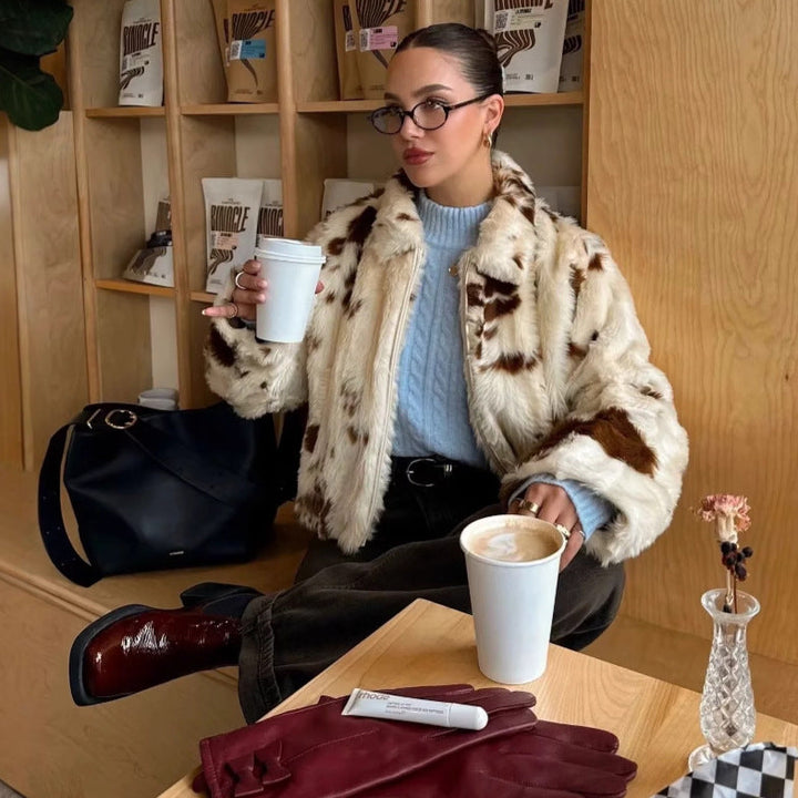 Damen Cropped-Blouson mit Fleckenprint, Stehkragen und Taschen