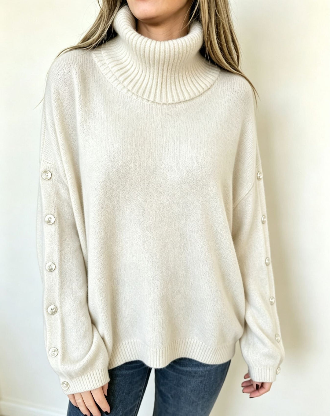 Lena | Damen Langarm-Rollkragenpullover Oversized mit Knöpfen