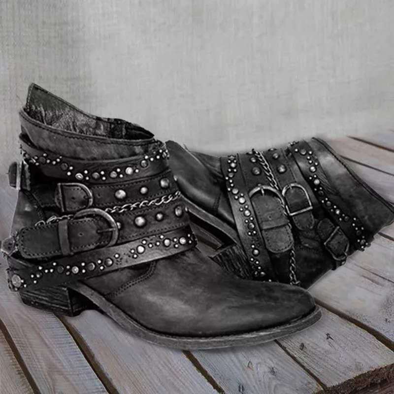 Damen Western Stiefel mit Schnallenriemen, Ketten und Blockabsatz