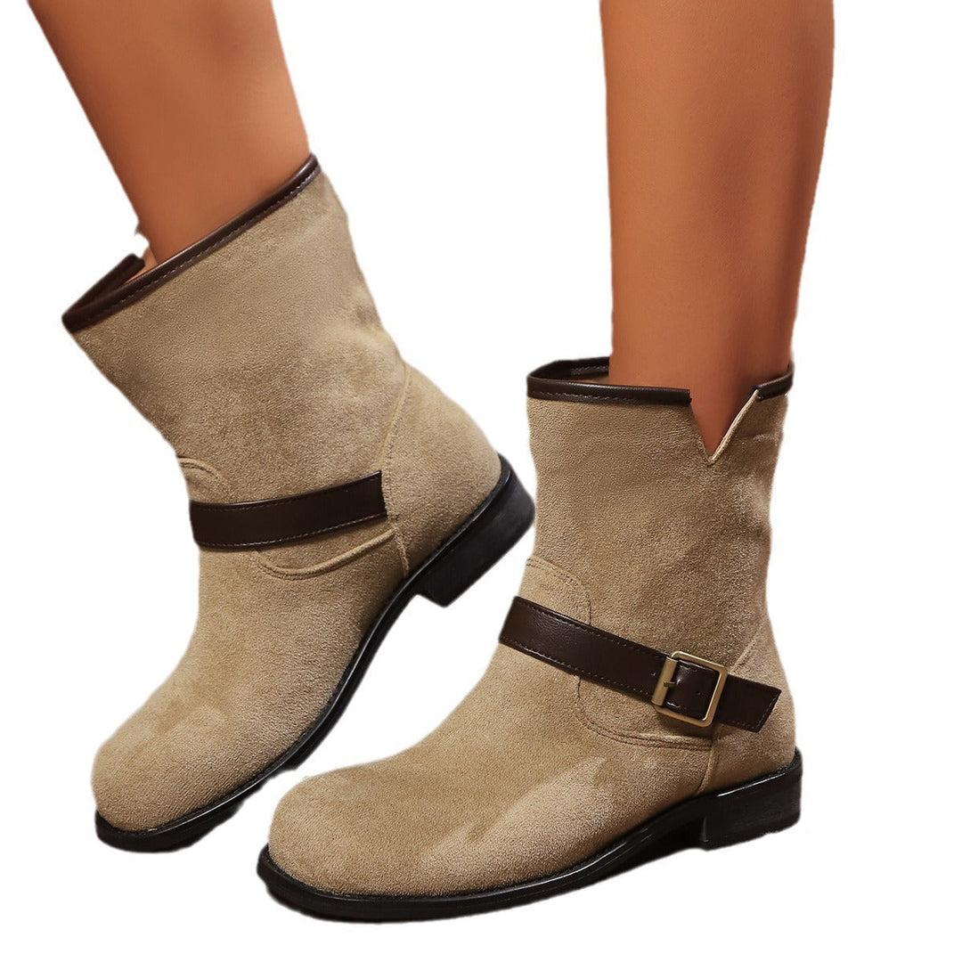 Damen Ankle Boots mit Riemen, Schnalle und V-Ausschnitt