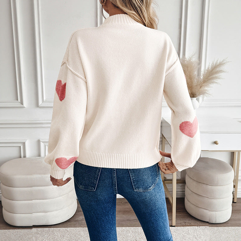 Damen Pullover mit Stehkragen und großen Herz-Intarsien