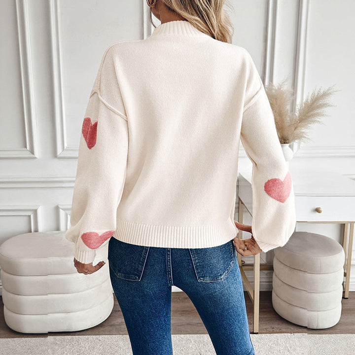 Damen Pullover mit Stehkragen und großen Herz-Intarsien
