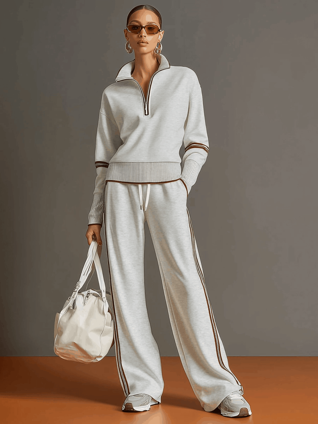 Vintage-inspirierter grauer und weißer Halbzip-Sweatshirt für Damen mit weitem Hosen-Set