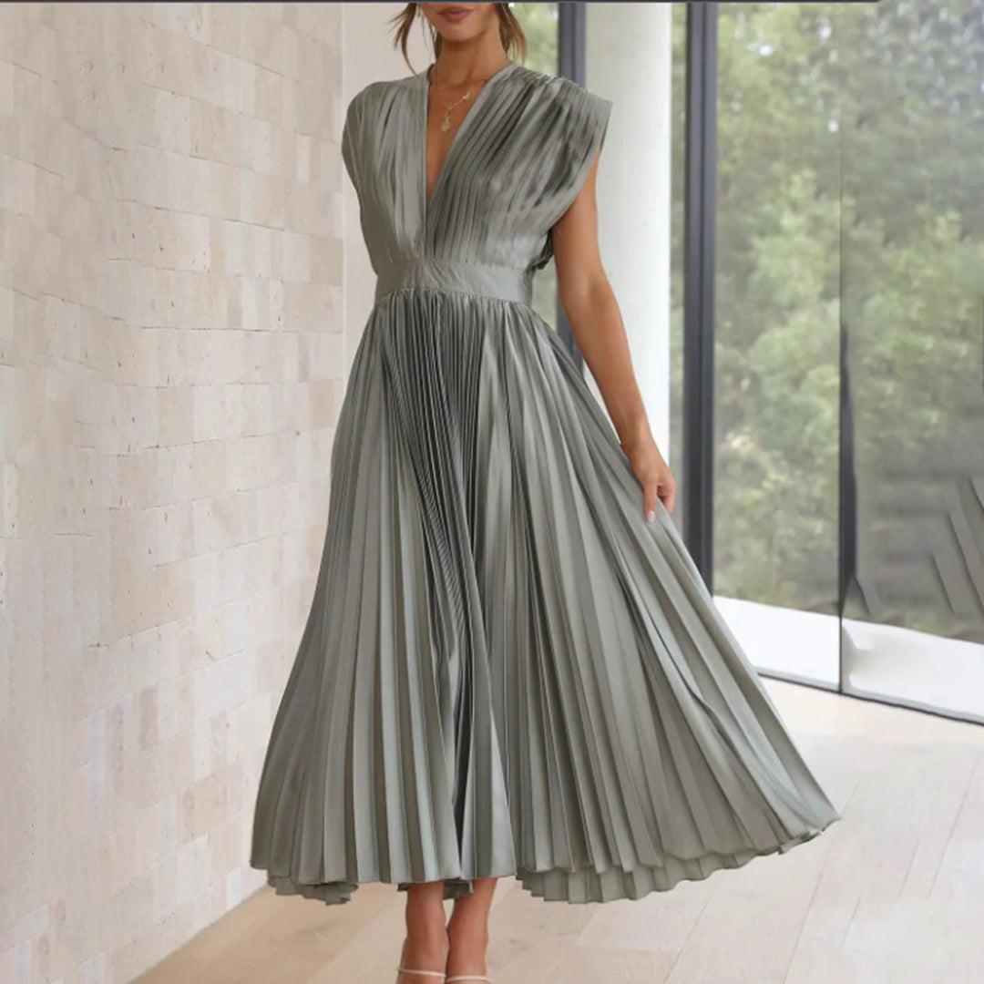 Lena | Elegantes Midikleid für Damen mit V-Ausschnitt und kurzen Ärmeln