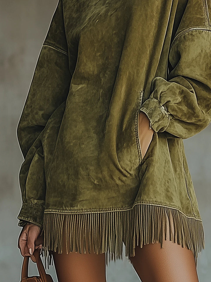 Sheri | s Wildleder-Fransenkleid für Damen mit Stehkragen und langen Ärmeln