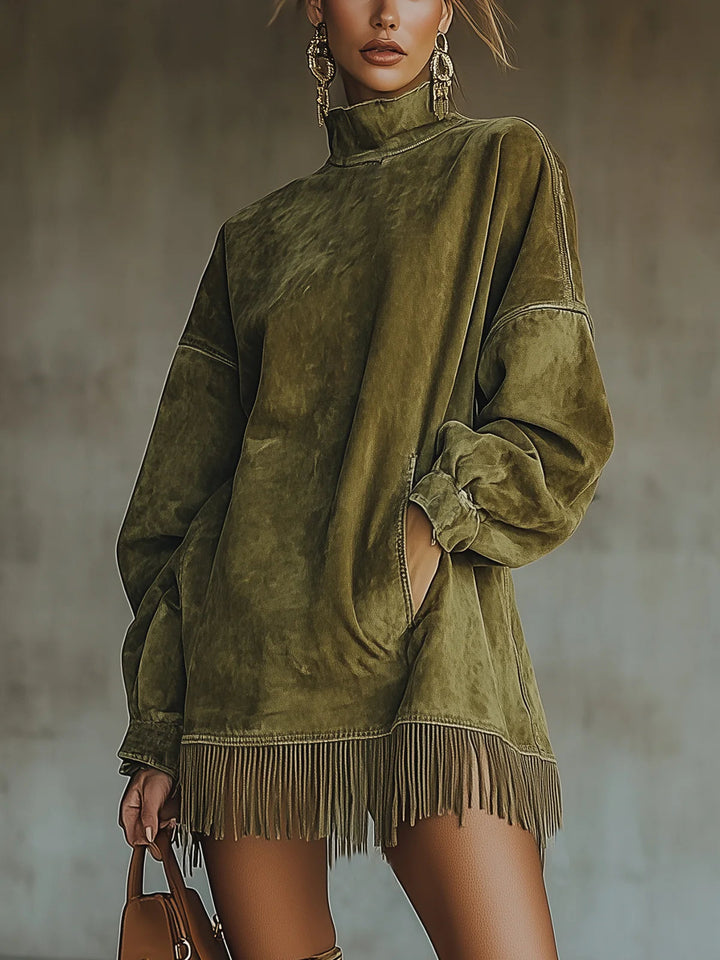 Sheri | s Wildleder-Fransenkleid für Damen mit Stehkragen und langen Ärmeln
