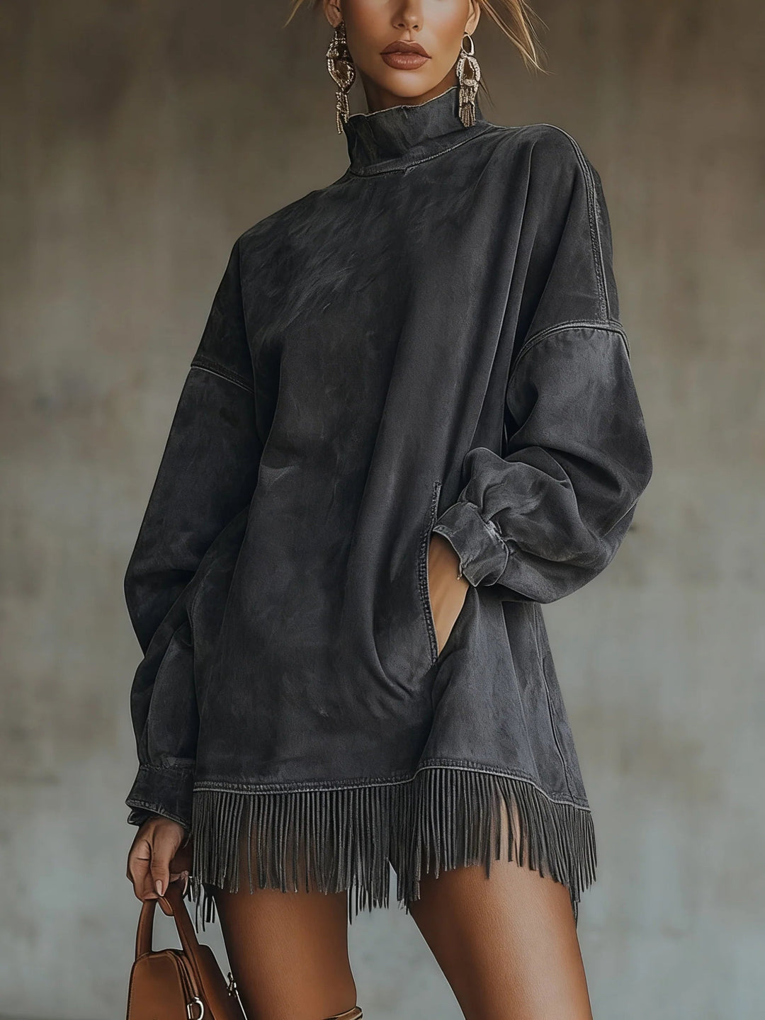 Sheri | s Wildleder-Fransenkleid für Damen mit Stehkragen und langen Ärmeln