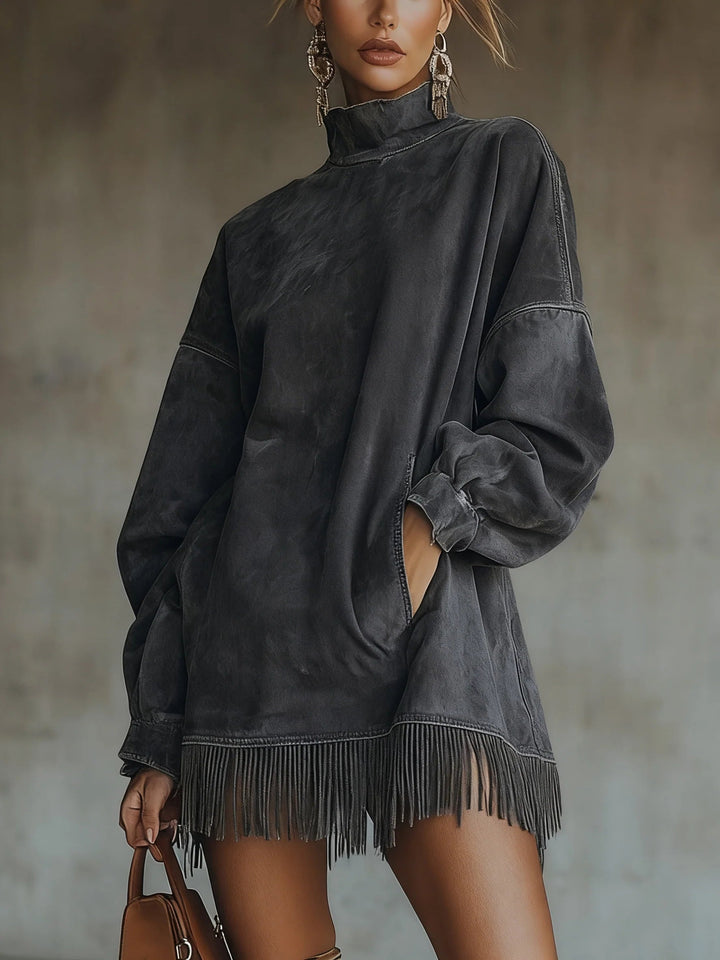 Sheri | s Wildleder-Fransenkleid für Damen mit Stehkragen und langen Ärmeln