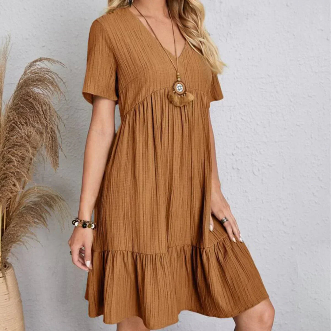 Olivia | Elegantes Midikleid für Damen mit V-Ausschnitt und kurzen Ärmeln