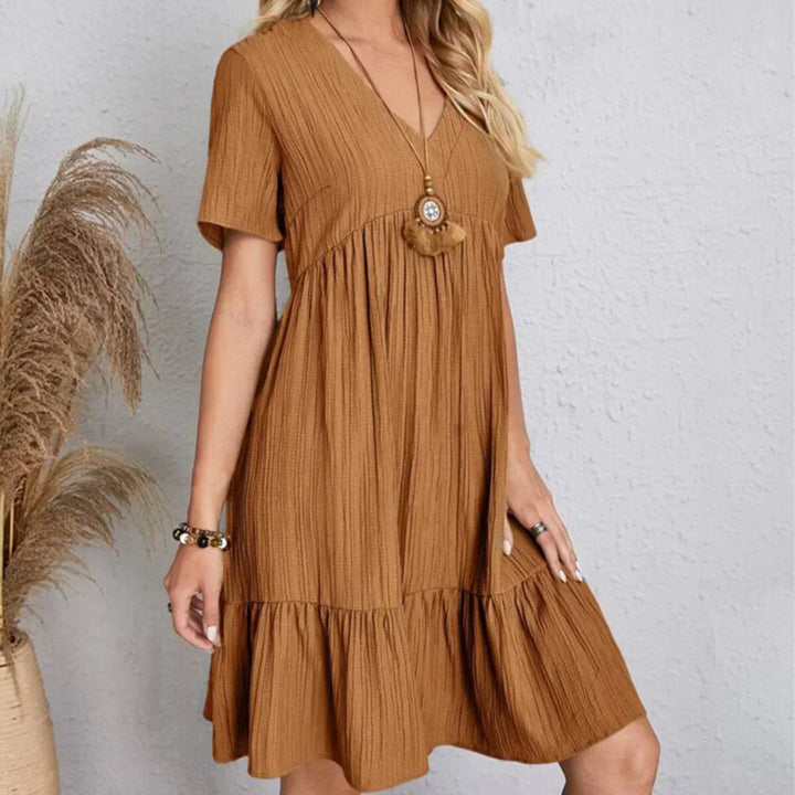 Olivia | Elegantes Midikleid für Damen mit V-Ausschnitt und kurzen Ärmeln