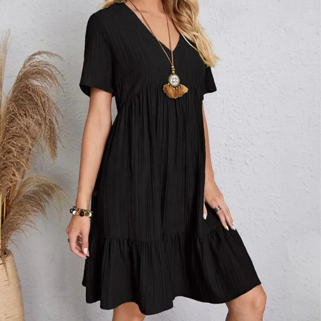 Olivia | Elegantes Midikleid für Damen mit V-Ausschnitt und kurzen Ärmeln