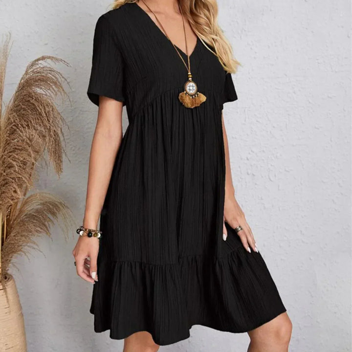 Olivia | Elegantes Midikleid für Damen mit V-Ausschnitt und kurzen Ärmeln