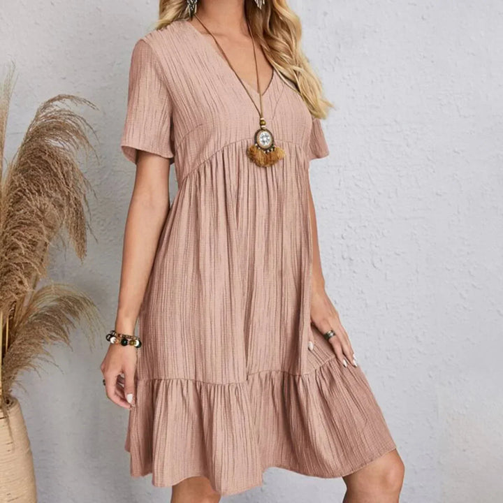 Olivia | Elegantes Midikleid für Damen mit V-Ausschnitt und kurzen Ärmeln