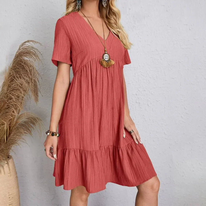 Olivia | Elegantes Midikleid für Damen mit V-Ausschnitt und kurzen Ärmeln
