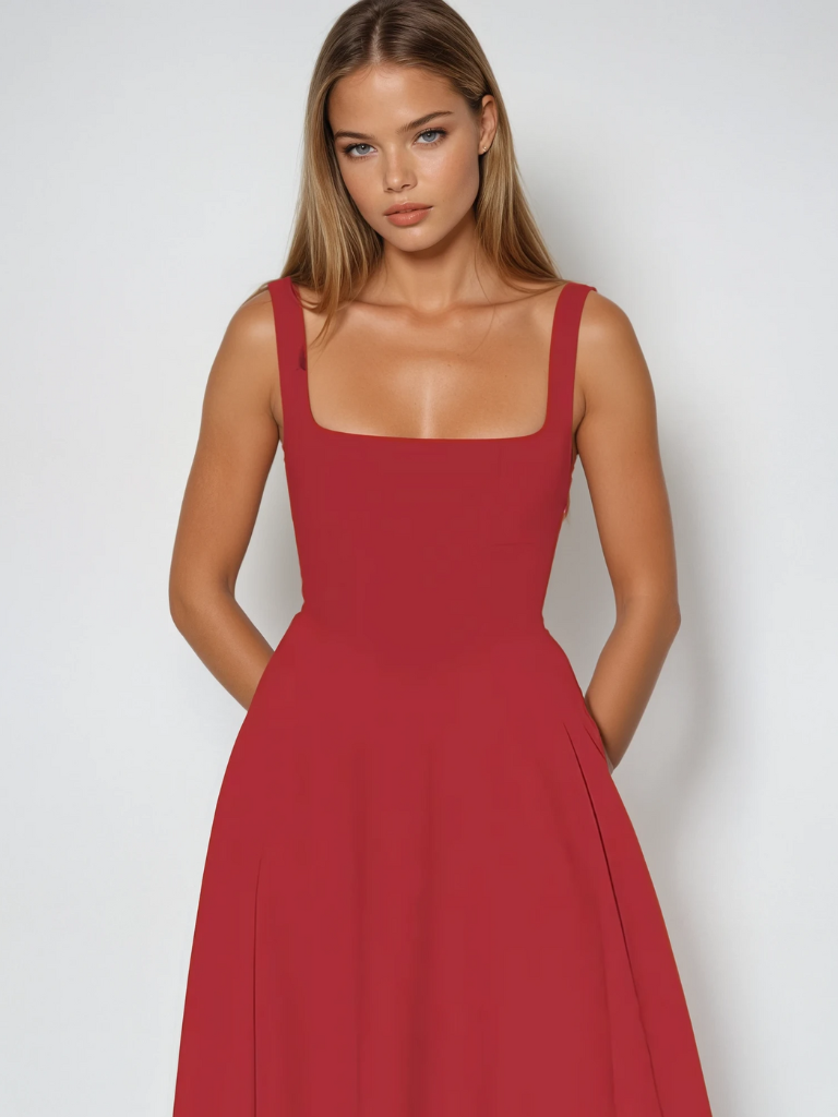 Scarlett | Klassisches Midi-Kleid für Damen mit eckigem Ausschnitt