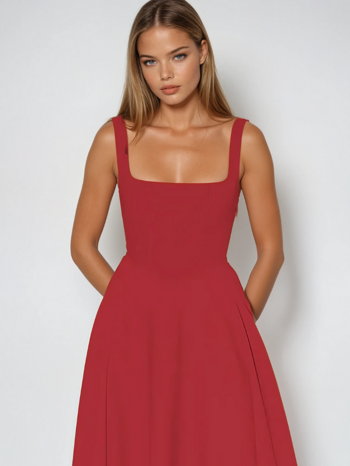 Scarlett | Klassisches Midi-Kleid für Damen mit eckigem Ausschnitt