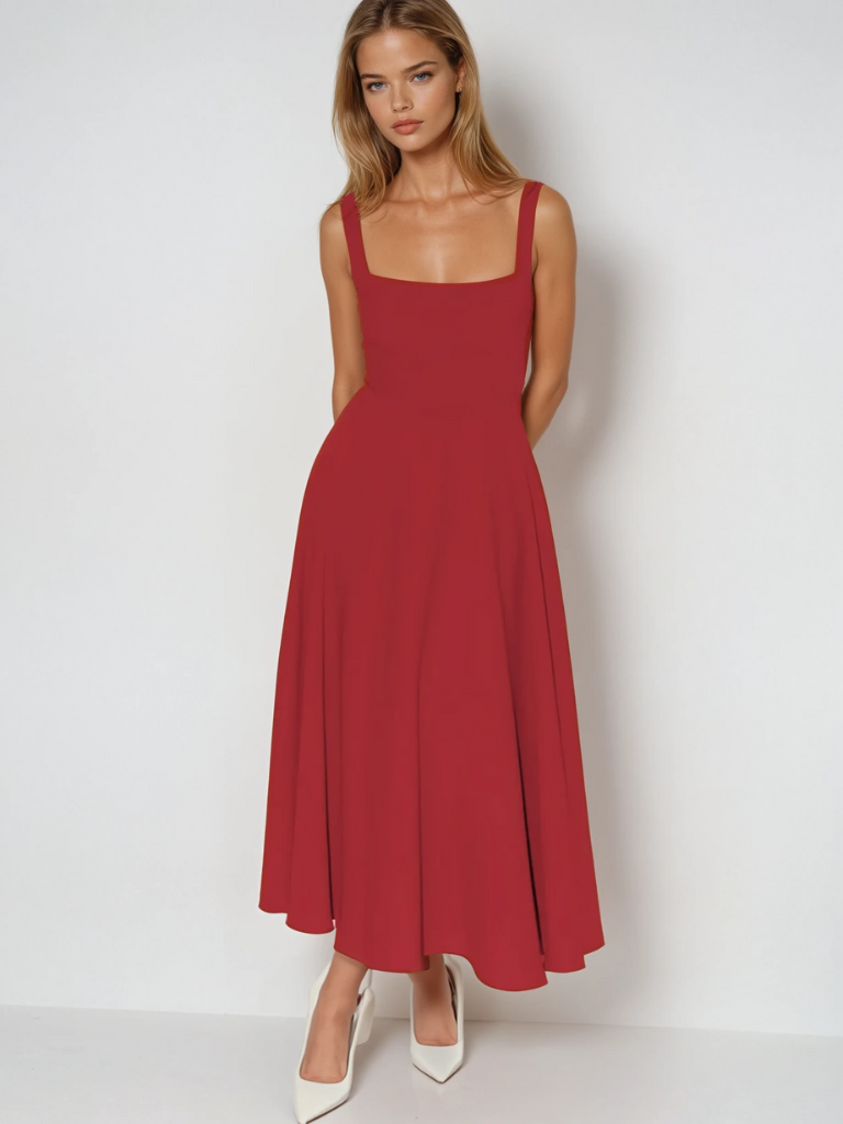Scarlett | Klassisches Midi-Kleid für Damen mit eckigem Ausschnitt