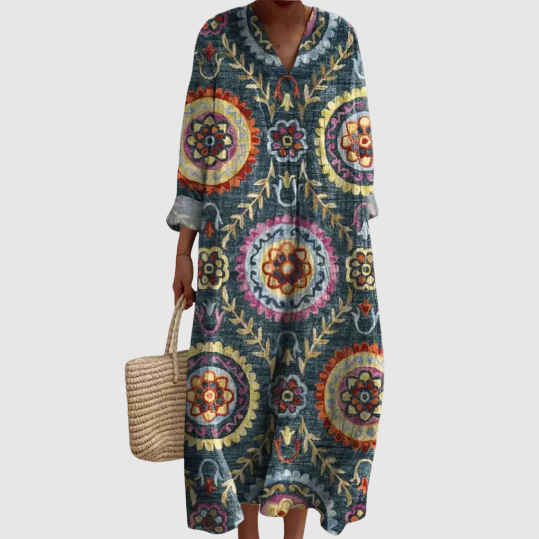Ava | Geometrisches Midi-Kleid für Damen mit V-Ausschnitt und kurzen Ärmeln