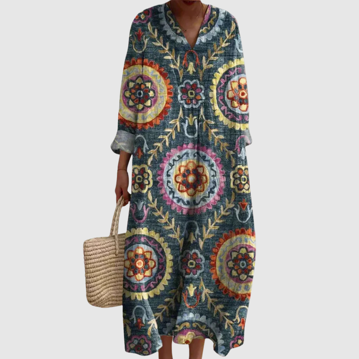 Ava | Geometrisches Midi-Kleid für Damen mit V-Ausschnitt und kurzen Ärmeln