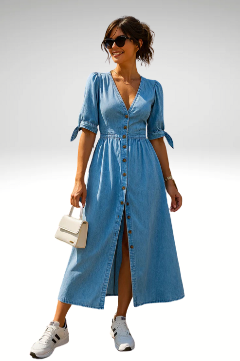 Amira | Elegantes Denim-Midikleid für Damen mit V-Ausschnitt und kurzen Ärmeln