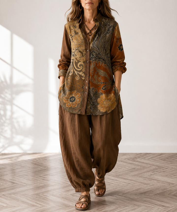 Elena | Women's Floral Long Sleeve Top & Pants Set with Buttons