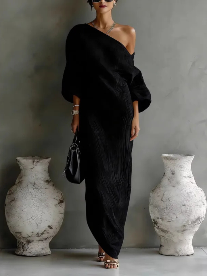 Nelle Chic Maxi-Kleid für Damen mit asymmetrischem Ausschnitt und kurzen Ärmeln