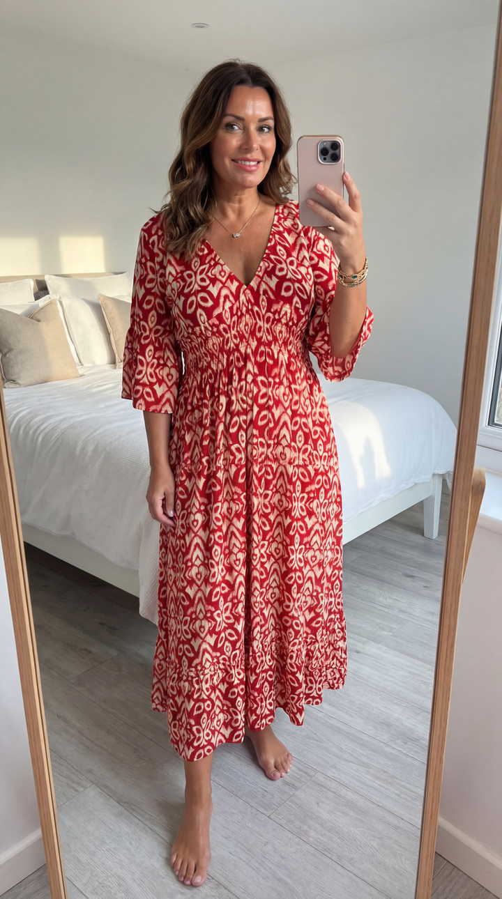 Bohemian Midi-Kleid von Selene für Damen mit Blumenmuster und V-Ausschnitt
