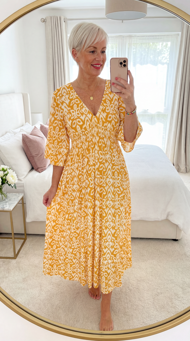 Bohemian Midi-Kleid von Selene für Damen mit Blumenmuster und V-Ausschnitt